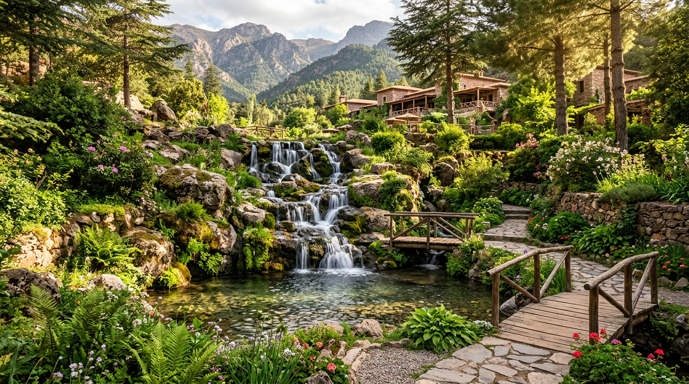 La cascade naturelle du domaine et son pont de bois